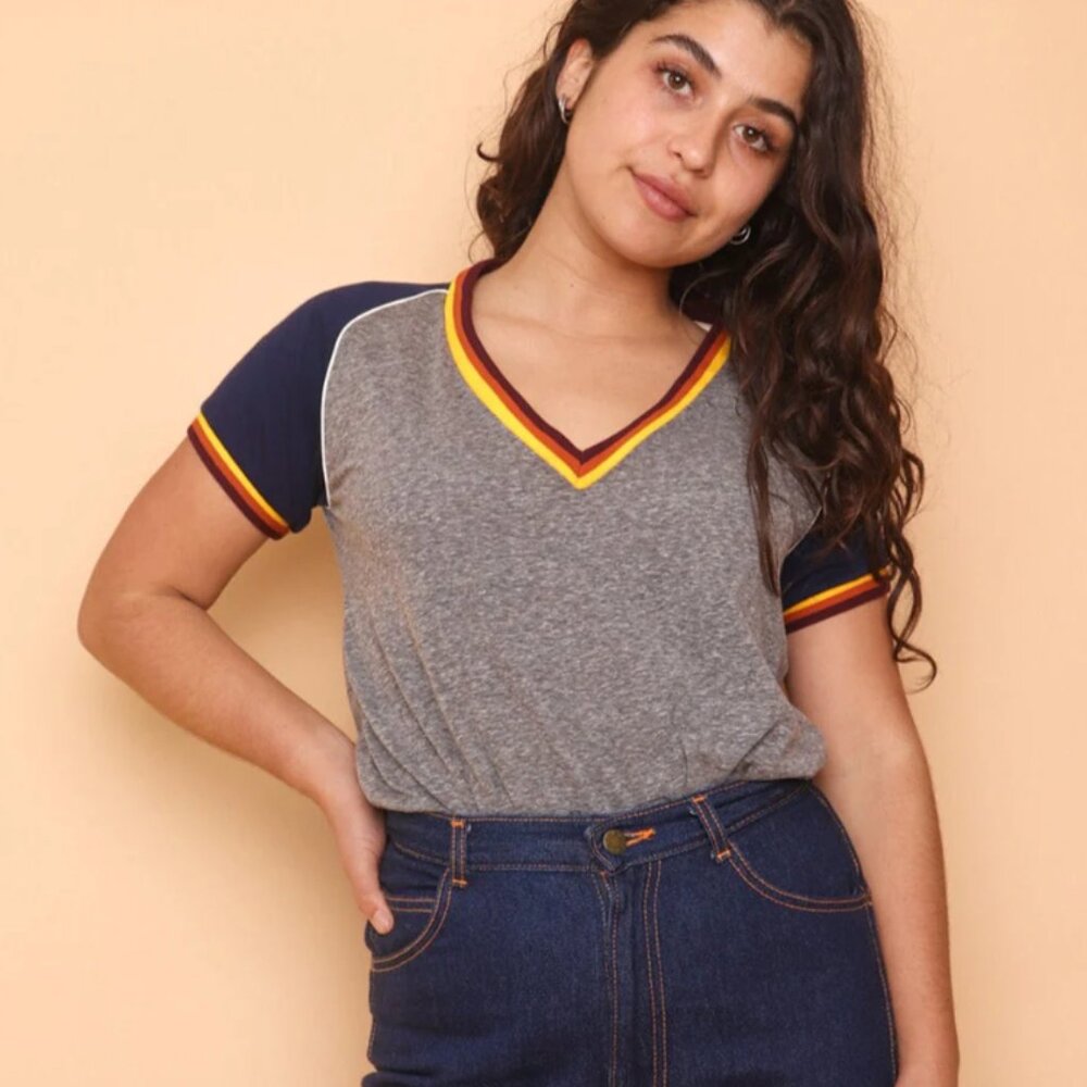 Gray and Navy V-Neck Short Sleeve Tee